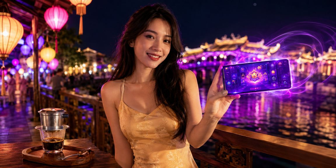 Người chơi dùng điện thoại tại quán cà phê Huế kiểm tra khuyến mãi casino trực tuyến