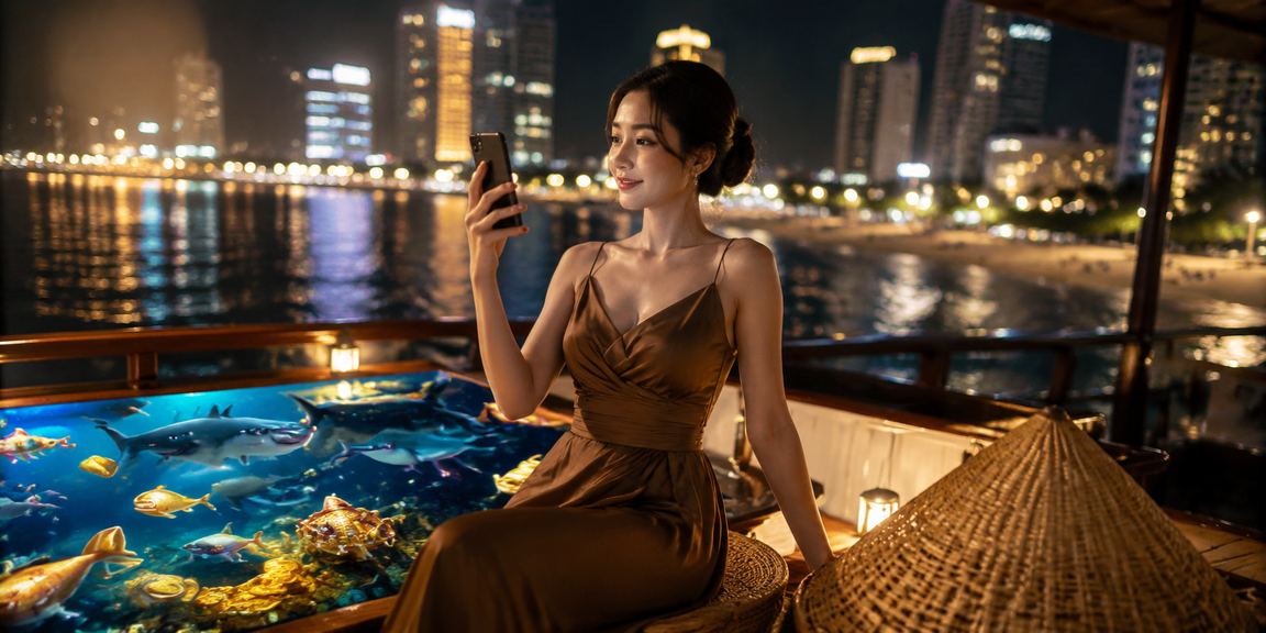 Người phụ nữ đội nón lá chơi casino mobile bên bờ biển Nha Trang