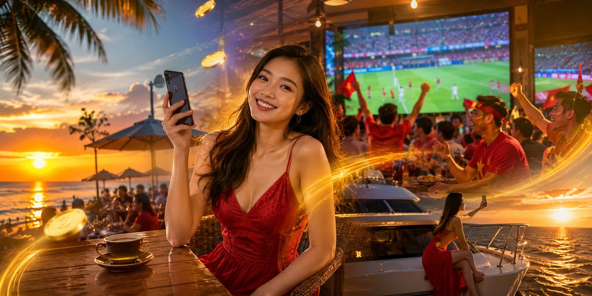 Người chơi nhận hoàn tiền bonus tại quán cà phê Phú Quốc bên bờ biển